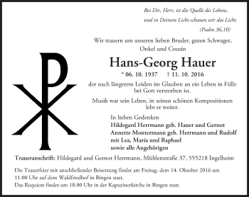 Traueranzeige von Hans-Georg Hauer von Trauerportal Rhein Main Presse