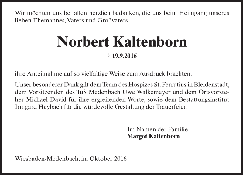  Traueranzeige für Norbert Kaltenborn vom 22.10.2016 aus Trauerportal Rhein Main Presse