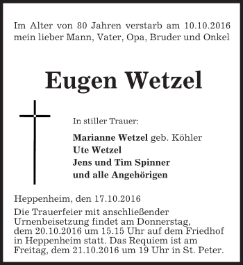 Traueranzeige von Eugen Wetzel von Trauerportal Echo Online