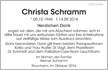 Traueranzeige von Christa Schramm von Trauerportal Rhein Main Presse
