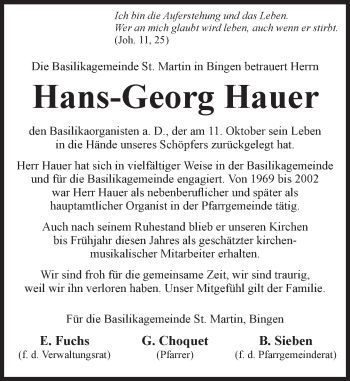 Traueranzeige von Hans-Georg Hauer von Trauerportal Rhein Main Presse