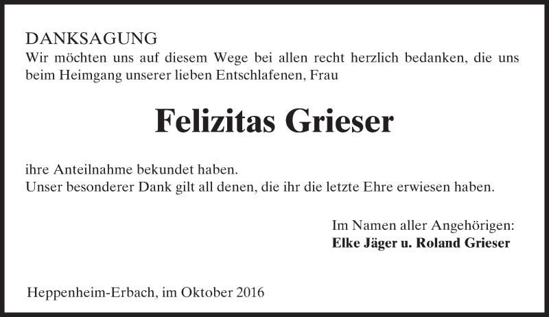  Traueranzeige für Felizitas Grieser vom 07.10.2016 aus Trauerportal Rhein Main Presse