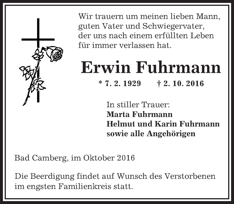  Traueranzeige für Erwin Fuhrmann vom 06.10.2016 aus  Camberger Anzeiger