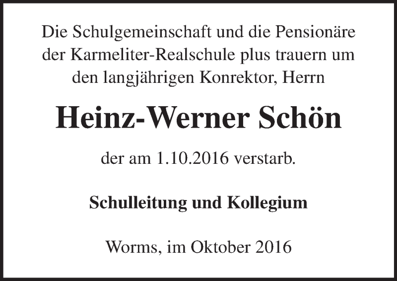  Traueranzeige für Heinz-Werner Schön vom 29.10.2016 aus Trauerportal Rhein Main Presse