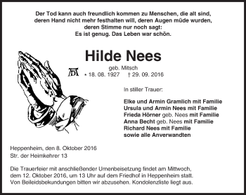 Traueranzeige von Hilde Nees von Trauerportal Echo Online