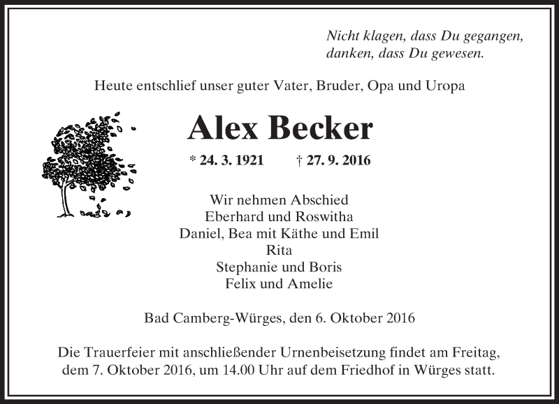  Traueranzeige für Alex Becker vom 06.10.2016 aus  Camberger Anzeiger