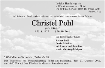 Traueranzeige von Christel Pohl von Trauerportal Rhein Main Presse