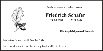 Traueranzeige von Friedrich Schäfer von  Gießener Anzeiger