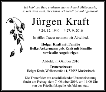 Traueranzeige von Jürgen Kraft von VRM Trauer
