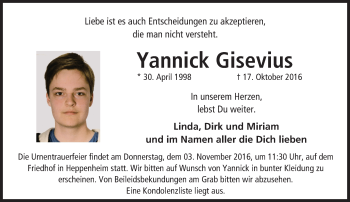Traueranzeige von Yannick Gisevius von Trauerportal Echo Online