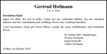 Traueranzeige von Gertrud Hofmann von  Gießener Anzeiger