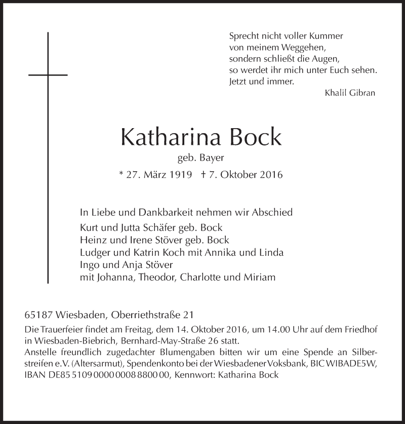  Traueranzeige für Katharina Bock vom 12.10.2016 aus Trauerportal Rhein Main Presse