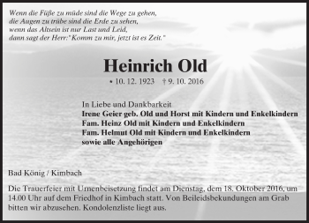 Traueranzeige von Heinrich Old von Trauerportal Echo Online