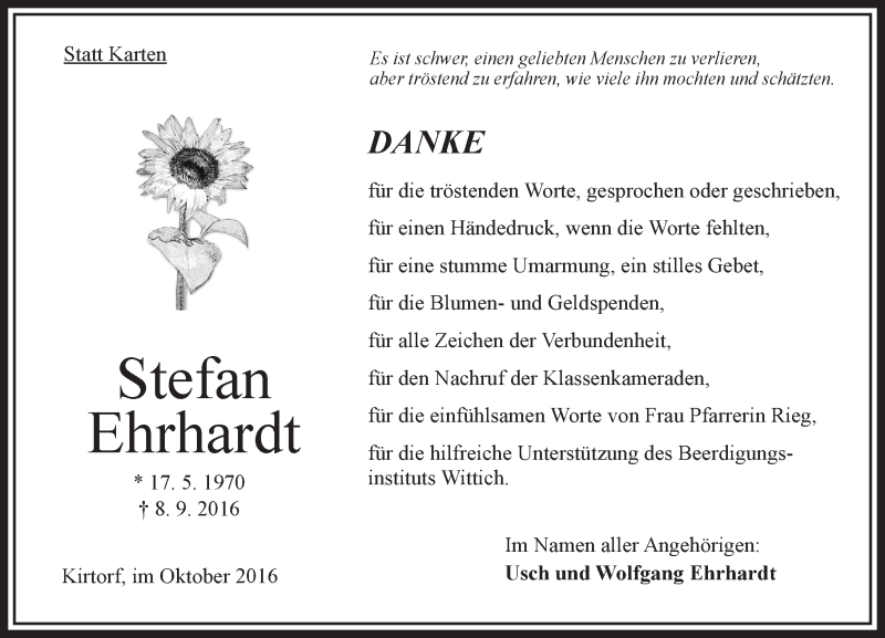  Traueranzeige für Stefan Ehrhardt vom 29.10.2016 aus VRM Trauer