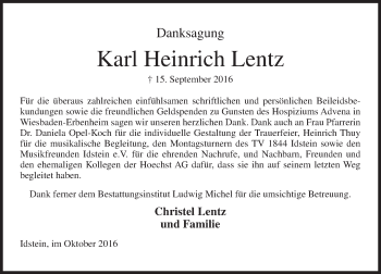 Traueranzeige von Karl Heinrich Lentz von Trauerportal Rhein Main Presse