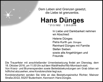 Traueranzeige von Hans Dünges von Trauerportal Rhein Main Presse