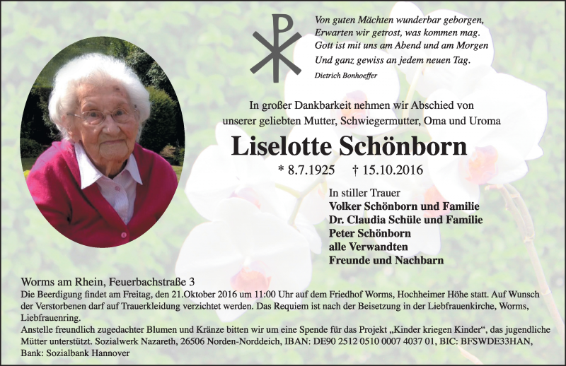  Traueranzeige für Liselotte Schönborn vom 19.10.2016 aus Trauerportal Rhein Main Presse