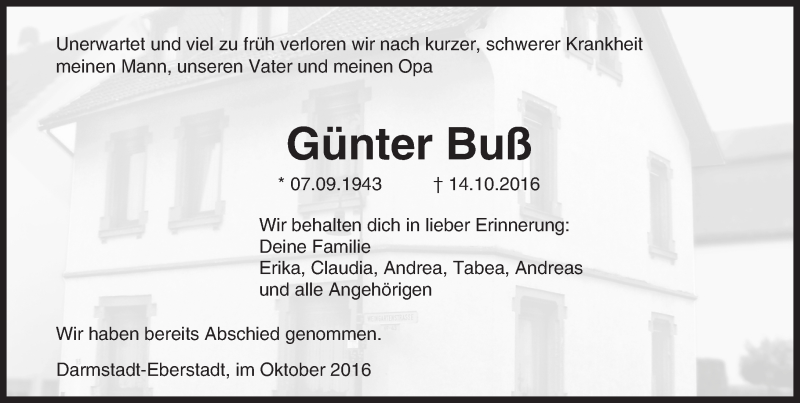  Traueranzeige für Günter Buß vom 29.10.2016 aus Trauerportal Echo Online