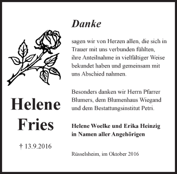 Traueranzeige von Helene Fries von Trauerportal Echo Online