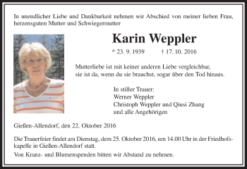 Traueranzeige von Karin Weppler von  Gießener Anzeiger