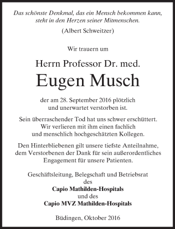 Traueranzeige von Eugen Musch von  Kreisanzeiger