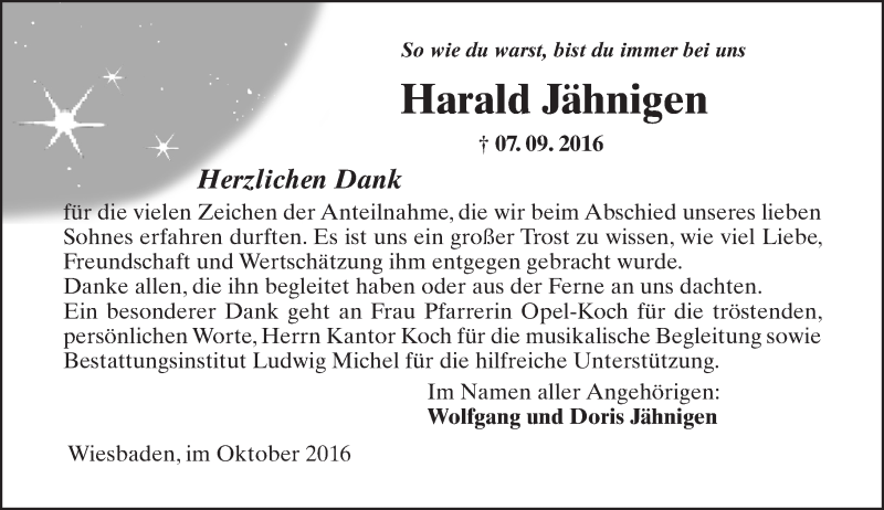  Traueranzeige für Harald Jähnigen vom 08.10.2016 aus Trauerportal Rhein Main Presse