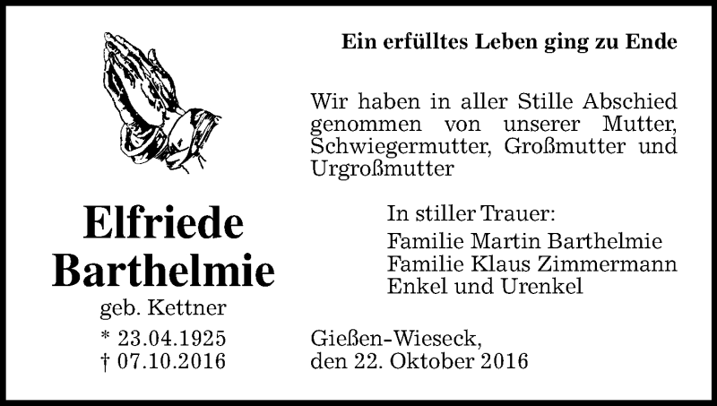  Traueranzeige für Elfriede Barthelmie vom 22.10.2016 aus  Gießener Anzeiger