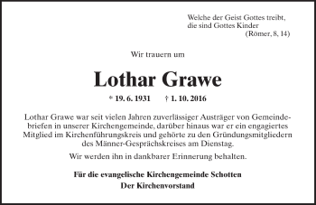 Traueranzeige von Lothar Grawe von  Kreisanzeiger