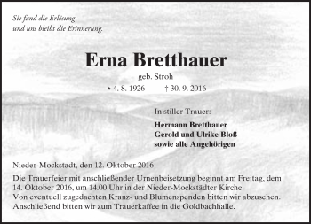 Traueranzeige von Erna Bretthauer von  Kreisanzeiger