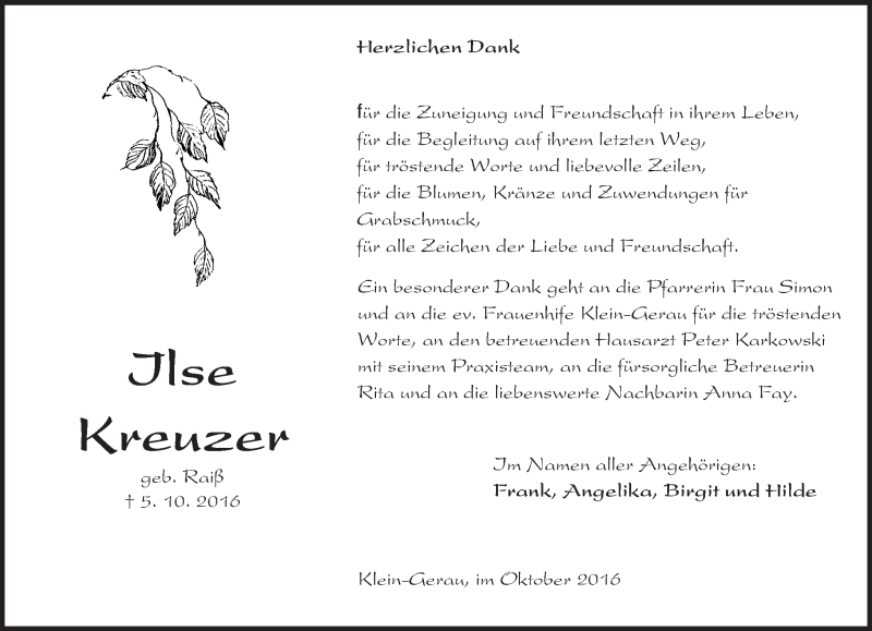  Traueranzeige für Ilse Kreuzer vom 22.10.2016 aus Trauerportal Echo Online