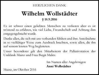 Traueranzeige von Wilhelm Wollstädter von Trauerportal Rhein Main Presse