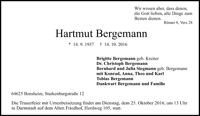  Traueranzeige für Hartmut Bergemann vom 19.10.2016 aus Trauerportal Echo Online