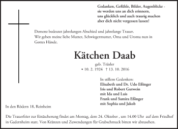 Traueranzeige von Kätchen Daab von Trauerportal Echo Online