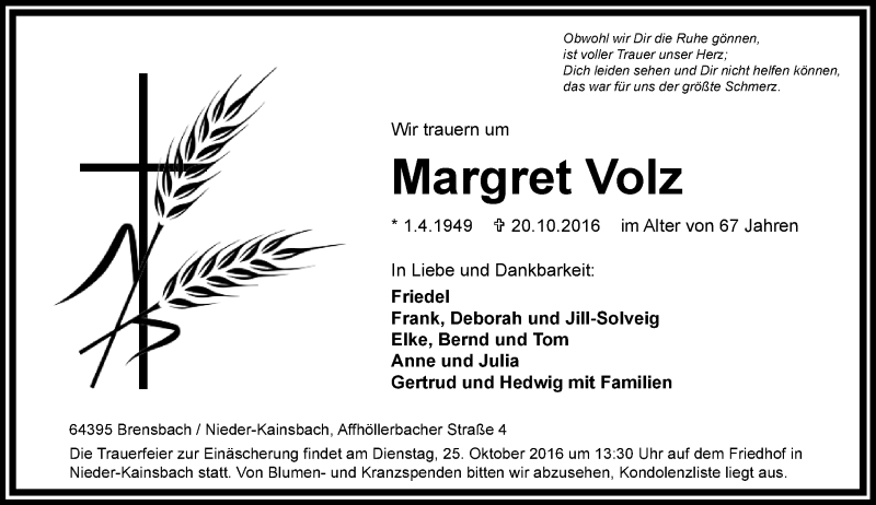  Traueranzeige für Margret Volz vom 22.10.2016 aus Trauerportal Echo Online