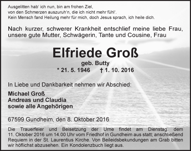  Traueranzeige für Elfriede Groß vom 08.10.2016 aus Trauerportal Rhein Main Presse