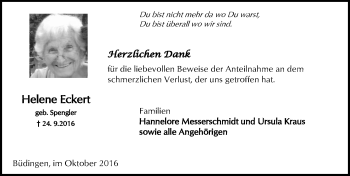 Traueranzeige von Helene Eckert von  Kreisanzeiger