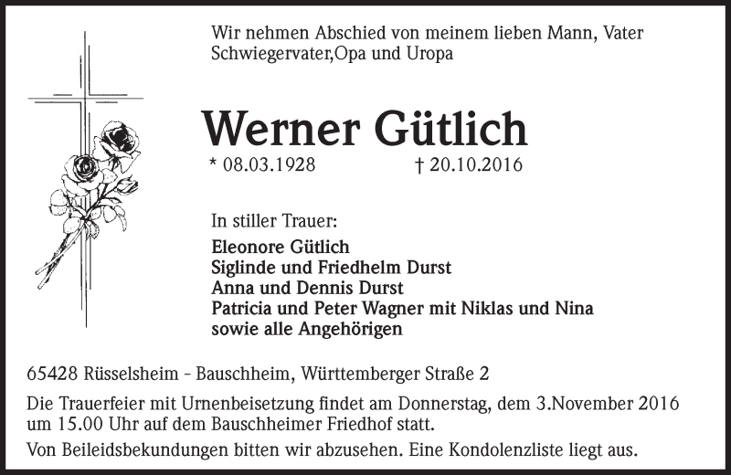  Traueranzeige für Werner Gütlich vom 31.10.2016 aus Trauerportal Echo Online