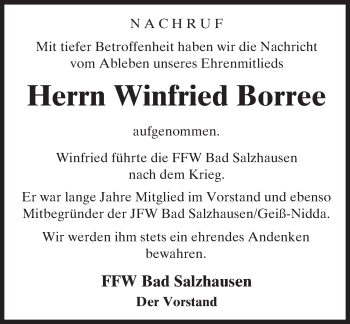 Traueranzeige von Winfried Borree von  Kreisanzeiger