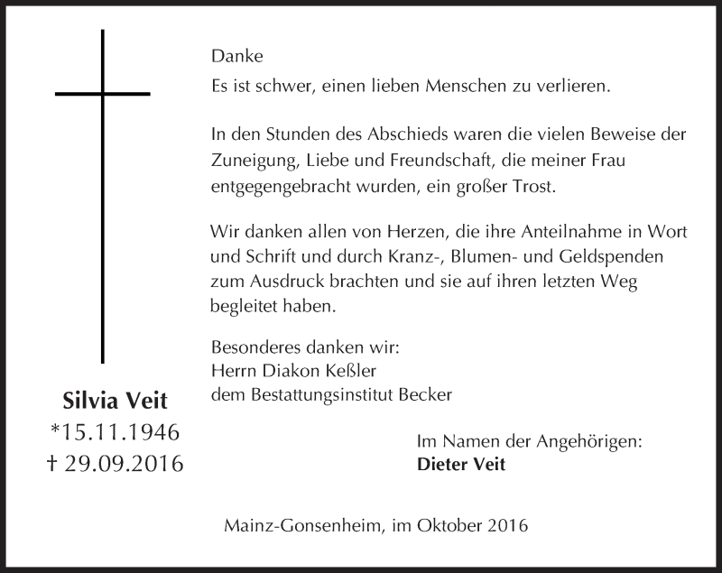  Traueranzeige für Silvia Veit vom 22.10.2016 aus Trauerportal Rhein Main Presse