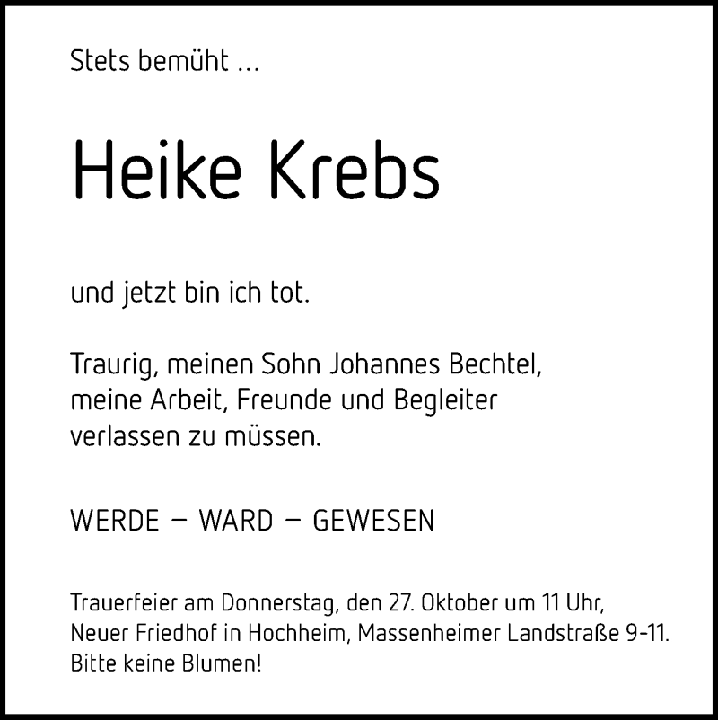  Traueranzeige für Heike Krebs vom 25.10.2016 aus Trauerportal Rhein Main Presse