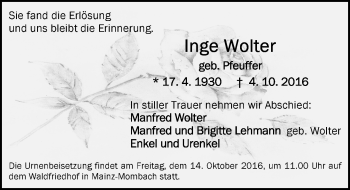 Traueranzeige von Ingeburg Wolter von Trauerportal Rhein Main Presse