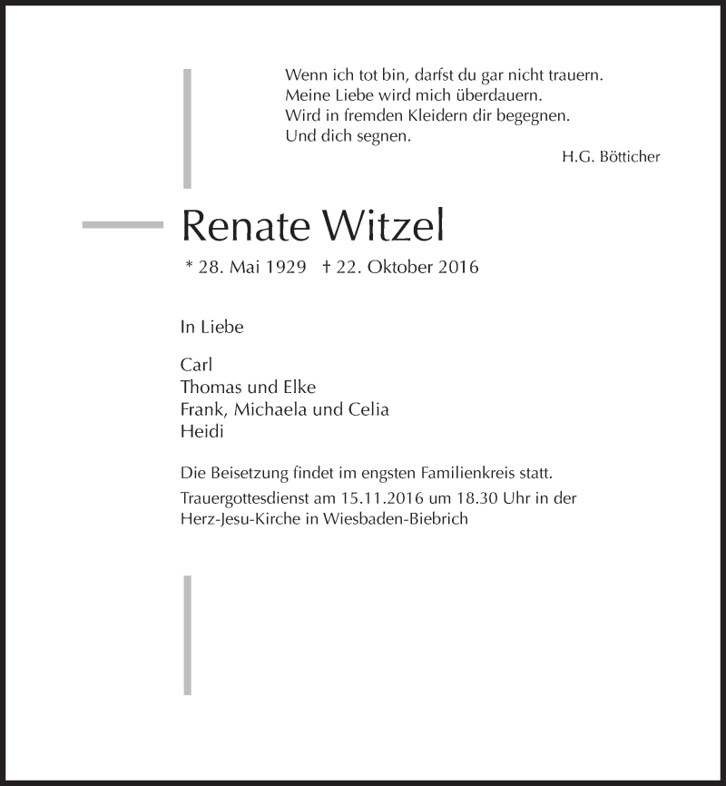  Traueranzeige für Renate Witzel vom 29.10.2016 aus Trauerportal Rhein Main Presse