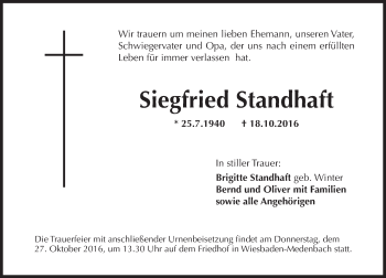 Traueranzeige von Siegfried Standhaft von Trauerportal Rhein Main Presse