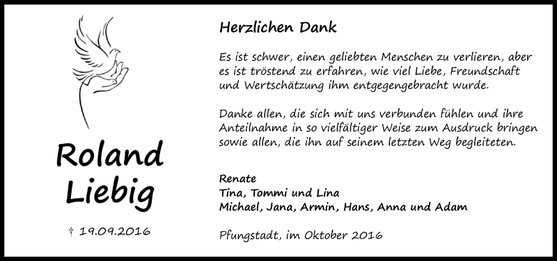  Traueranzeige für Roland Liebig vom 15.10.2016 aus Trauerportal Echo Online