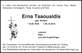 Traueranzeige von Erna Tsaousidis von Trauerportal Echo Online