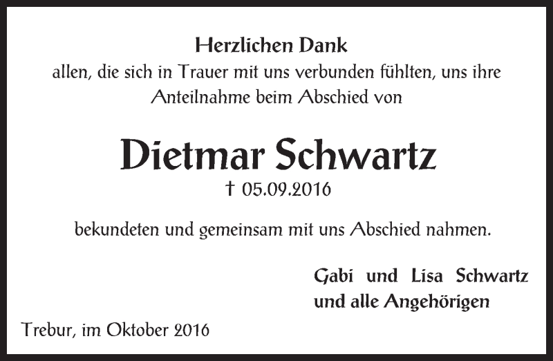  Traueranzeige für Dietmar Schwartz vom 08.10.2016 aus Trauerportal Rhein Main Presse