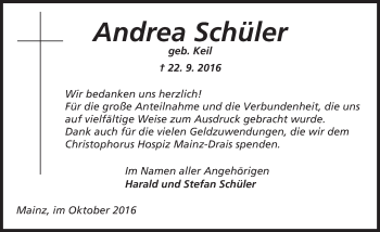 Traueranzeige von Andrea Schüler von Trauerportal Rhein Main Presse