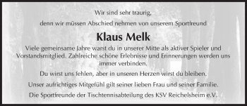 Traueranzeige von Klaus Melk von Trauerportal Echo Online