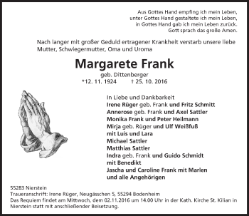 Traueranzeige von Margarete Frank von Trauerportal Rhein Main Presse