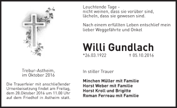 Traueranzeige von Willi Gundlach von Trauerportal Echo Online